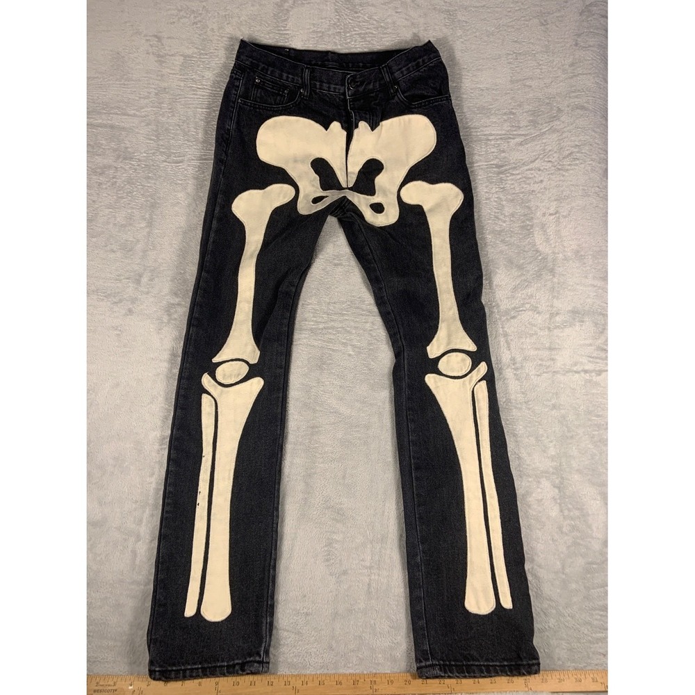 mnml Skeleton Denim Men Black Cotton Streetwear Applique Jeans EU 34